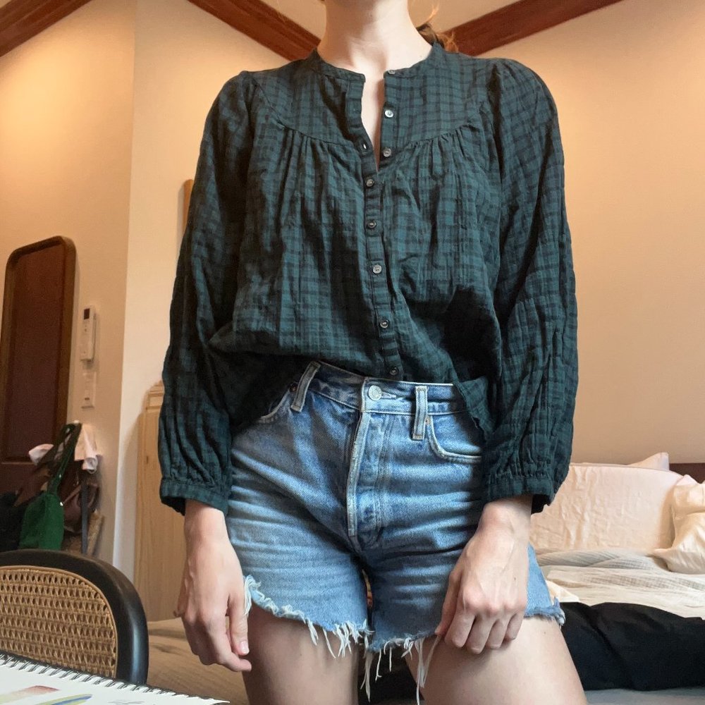Madewell peasant balloon-sleeve plaid blouse